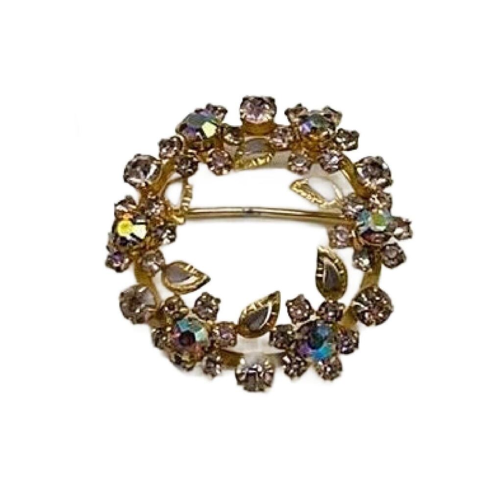 Vintage Weiss Floral Rhinestone Wreath Brooch: Gold Tone with Aurora Borealis
